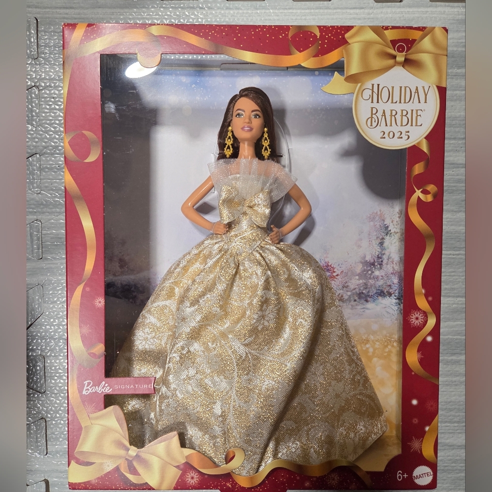 Barbie 2025 Holiday Doll in Gold and Silver (Brunette) - Picture 2 of 3